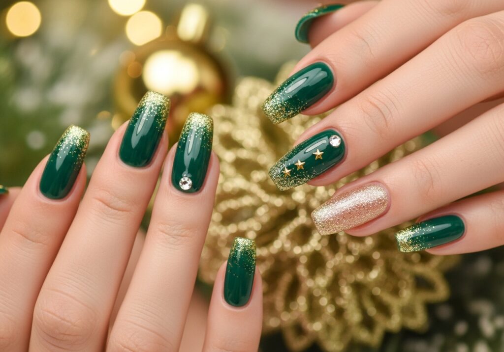 Close-up of medium-length coffin nails with festive nail art — a deep emerald green base with fine gold glitter at the tips, a single rhinestone accent on each ring finger nail, and tiny gold star details on the middle fingers. Hands posed near a softly blurred gold and green Christmas decoration background. Warm, soft lighting, realistic Pinterest-style beauty photography, high resolution.