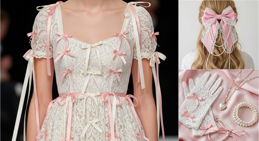 Aesthetic collage of coquette outfit ideas soft pastel outfits, lace dresses, and delicate ribbon details with a romantic, feminine style.