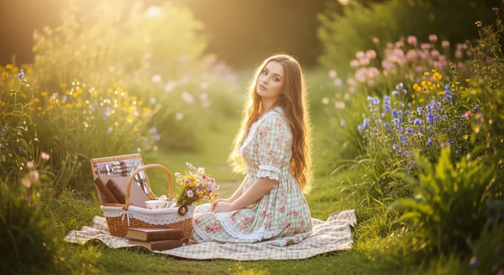 Girl in a floral gingham dress sitting on a picnic blanket in a sunny garden with a soft, romantic coquette aesthetic.