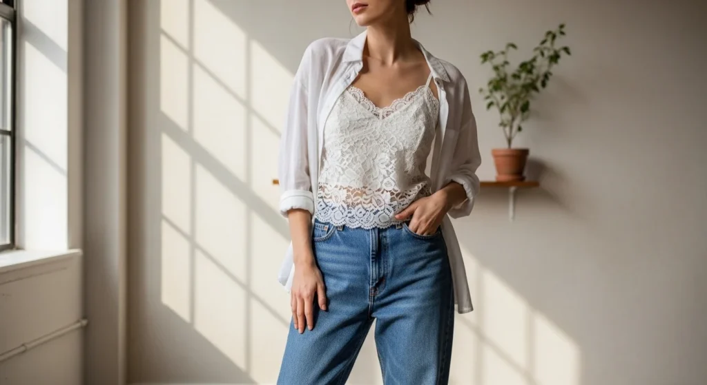 Coquette Outfit White lace corset paired with baggy vintage jeans creating a trendy coquette and street-style fashion look.