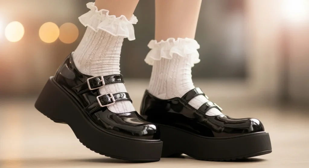 Platform Mary Jane shoes paired with delicate white ruffle socks in a soft, feminine coquette style.