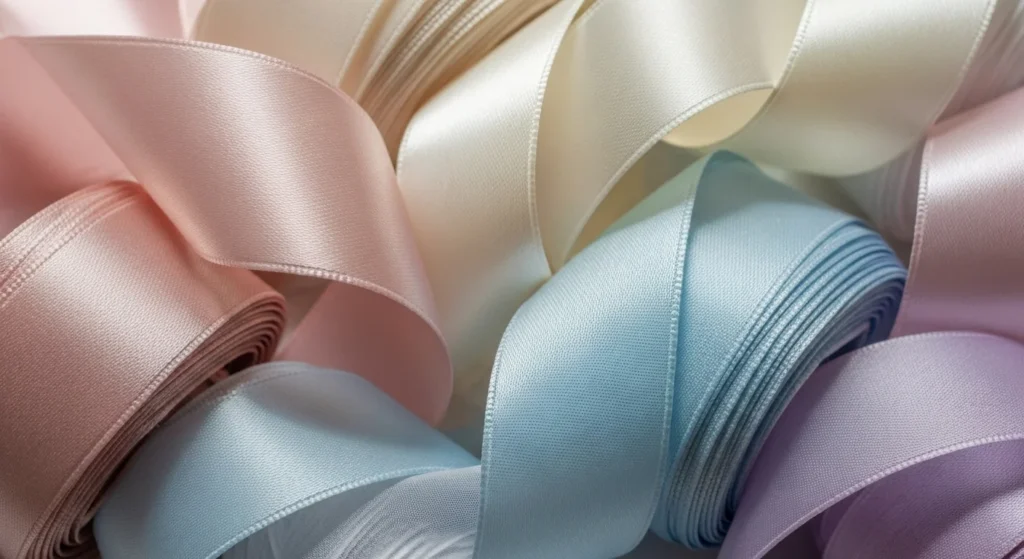 Close-up of silk, satin, and organza ribbons in soft pastel shades, highlighting delicate textures and a romantic coquette aesthetic.