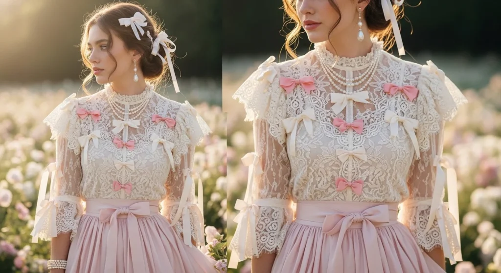 Coquette outfit featuring a lace top, flowy skirt, and ribbon accessories in soft pastel tones with a romantic feminine aesthetic.