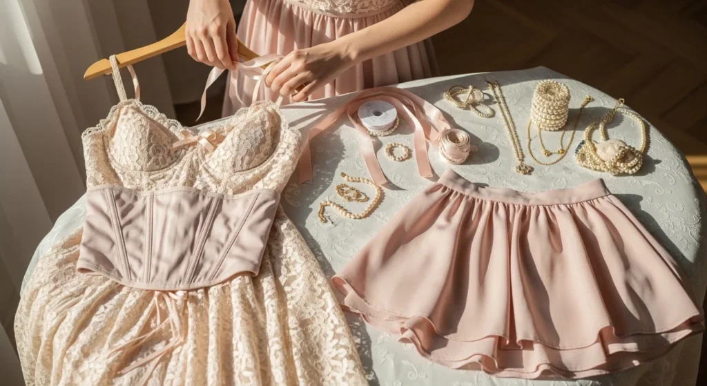 Girl styling a beautiful coquette outfit with elegant lace dress, ribbons, and soft feminine accessories in a cozy aesthetic room.
