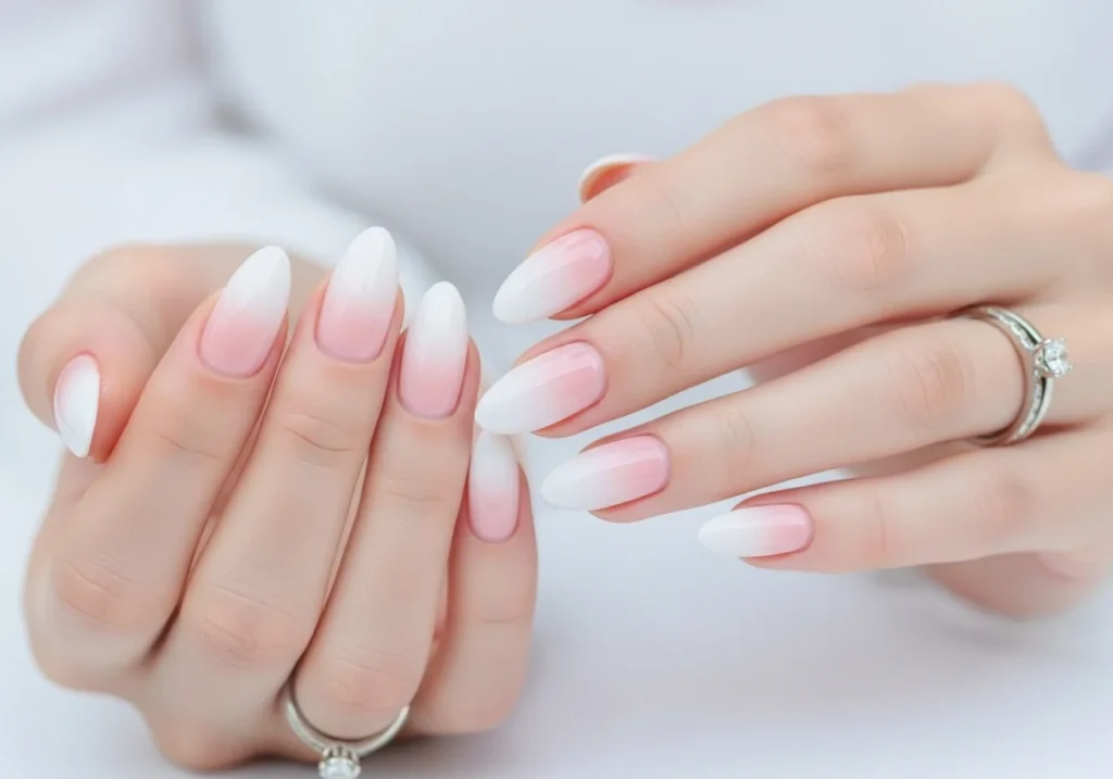 Elegant bridal nail design with soft pink polish and delicate gems