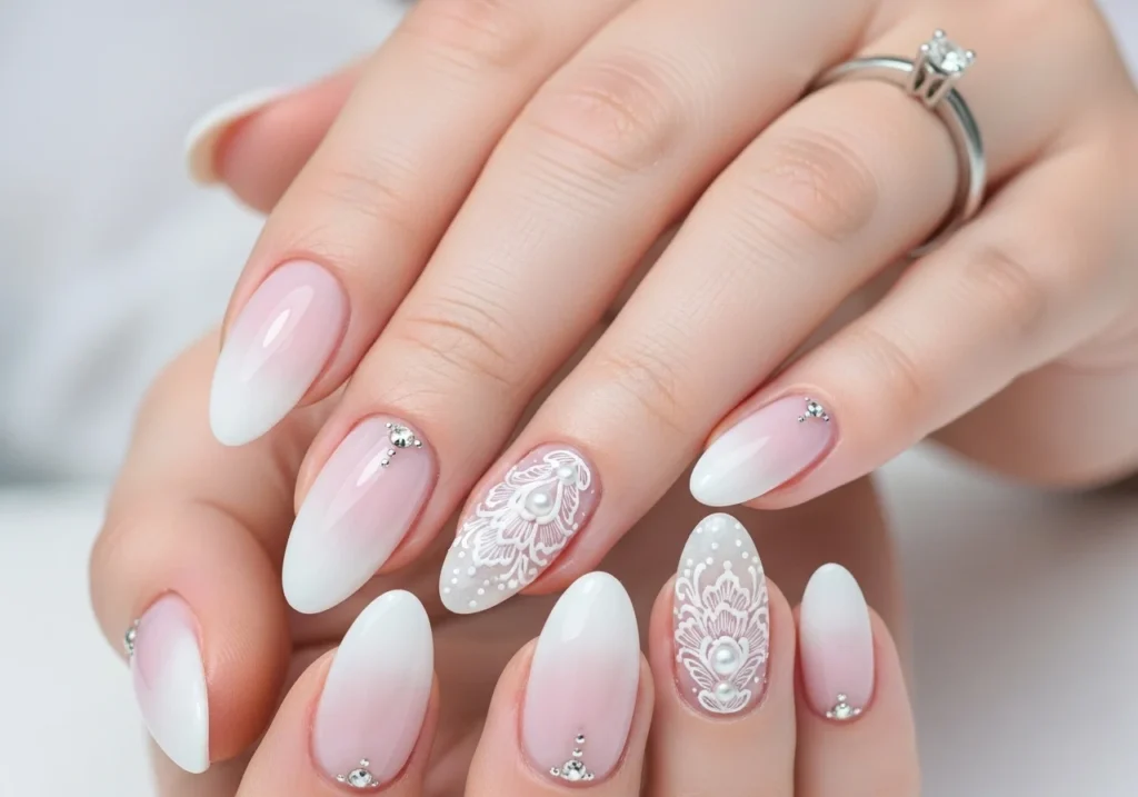 Elegant bridal nail design with soft pink polish and delicate gems