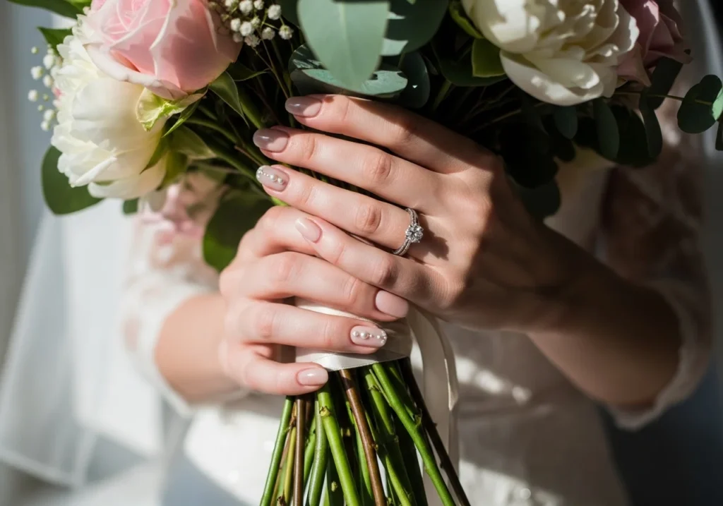 Elegant bridal nail design with soft pink polish and delicate gems