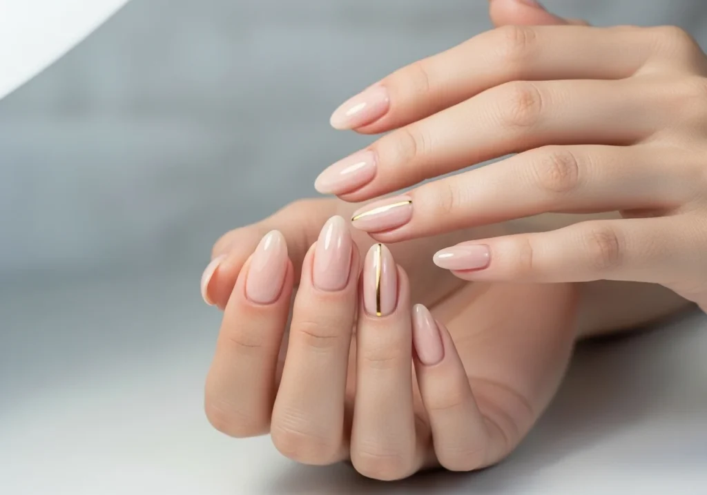 Elegant bridal nail design with soft pink polish and delicate gems