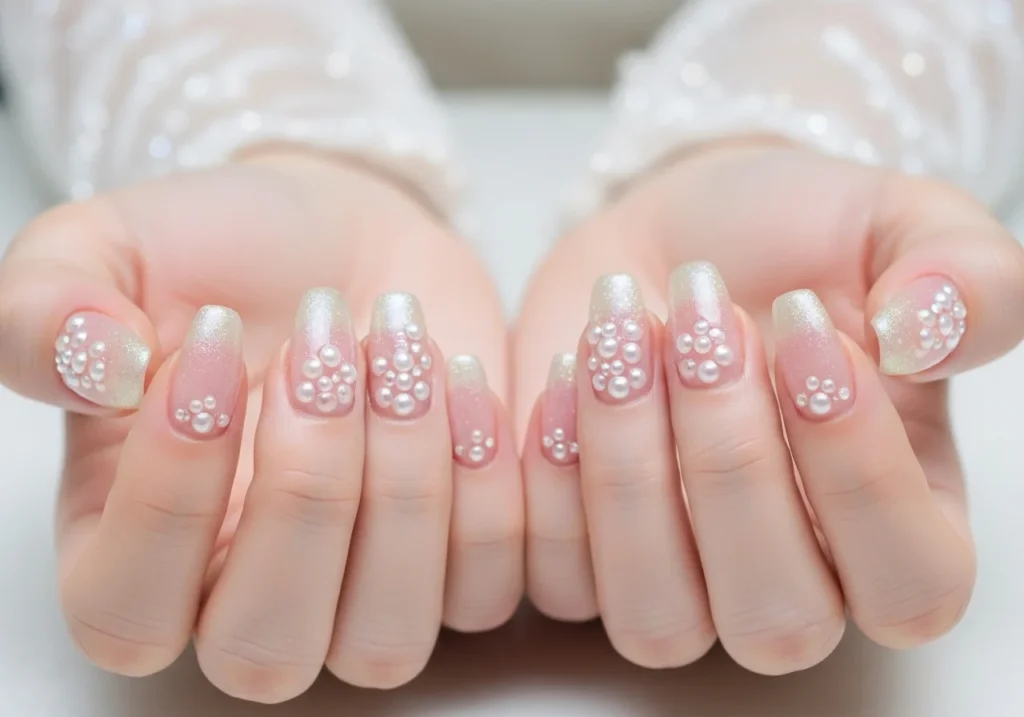 Elegant bridal nail design with soft pink polish and delicate gems