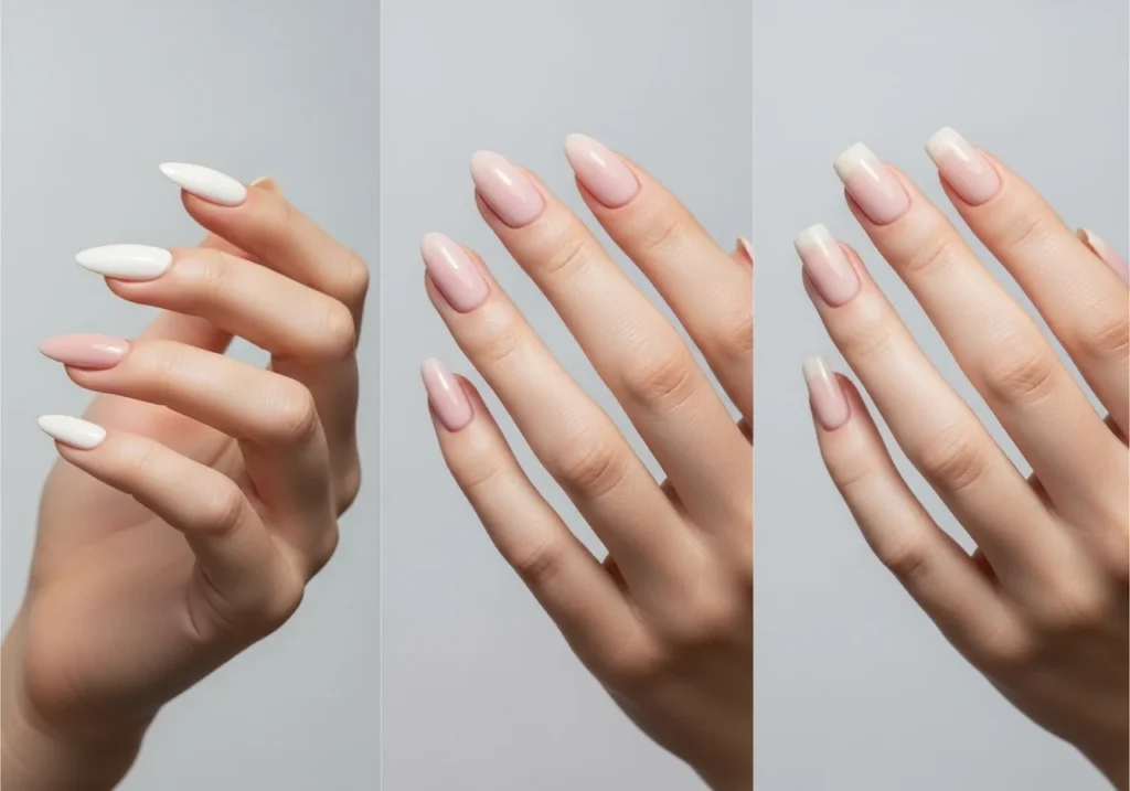 Elegant bridal nail design with soft pink polish and delicate gems