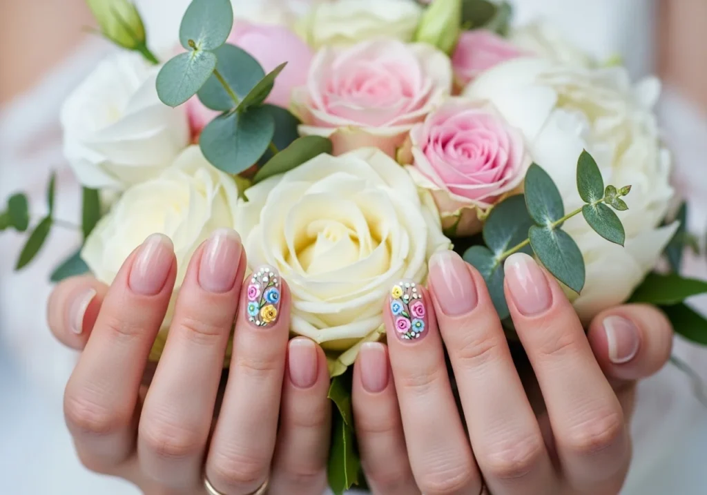 Elegant bridal nail design with soft pink polish and delicate gems