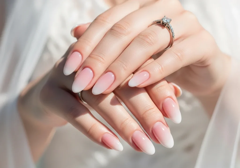 Elegant bridal nail design with soft pink polish and delicate gems