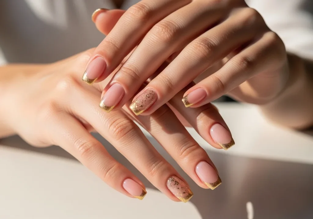 Elegant bridal nail design with soft pink polish and delicate gems