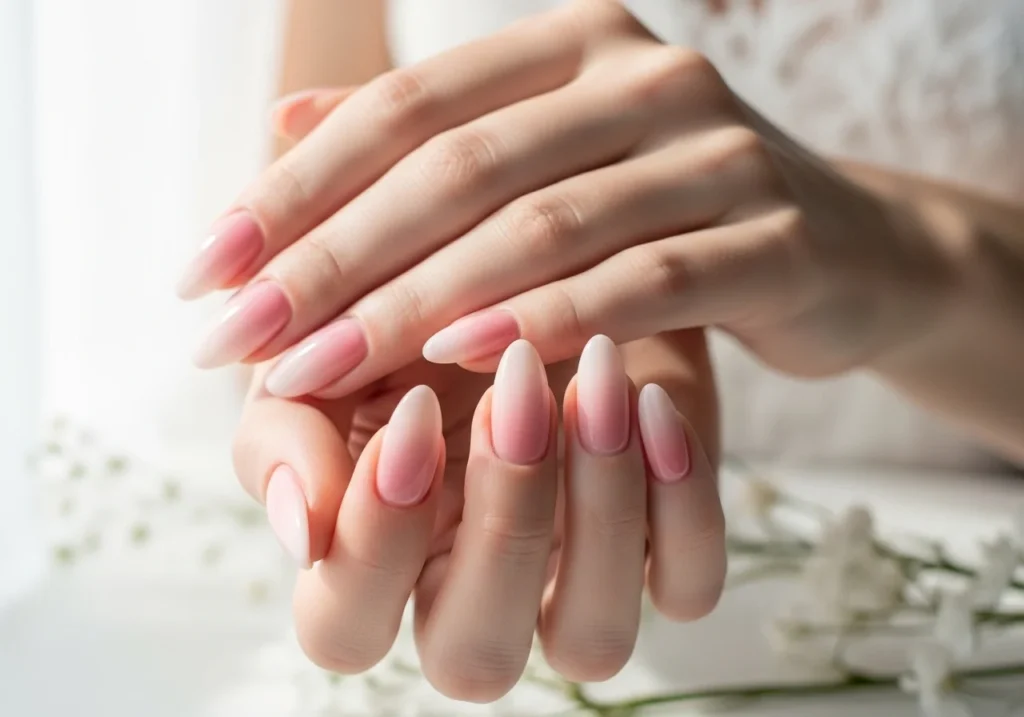 Elegant bridal nail design with soft pink polish and delicate gems