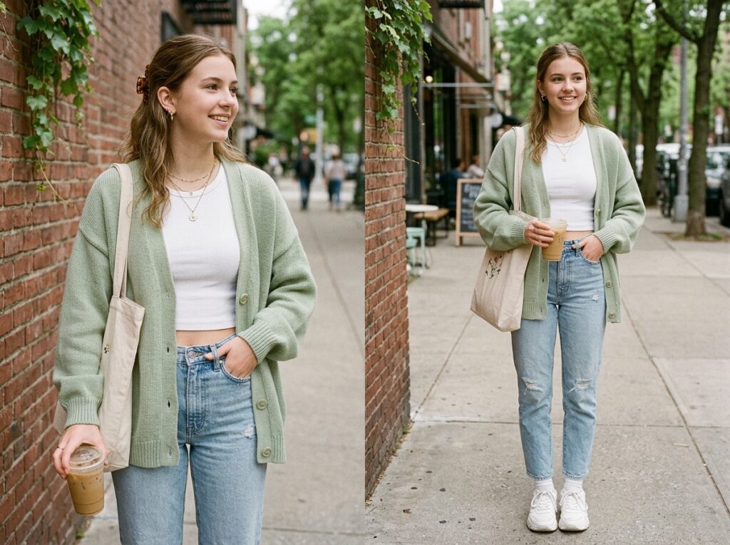 Soft girl aesthetic outfit with pastel cardigan, pleated skirt, and cute accessories