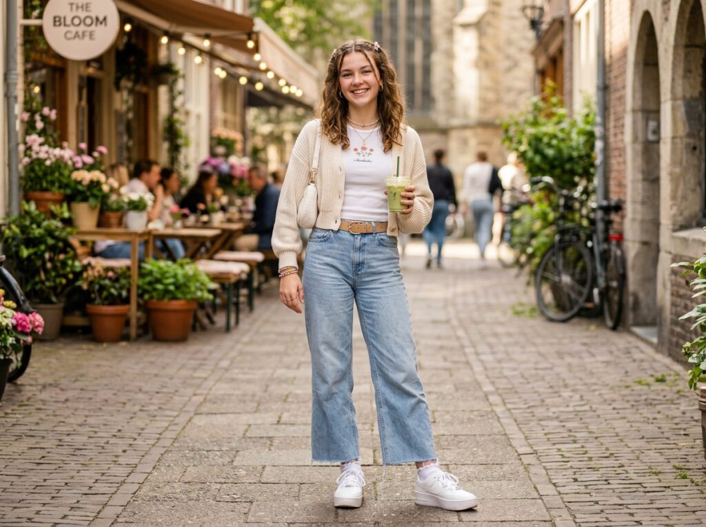 Girl wearing a neutral aesthetic oversized blazer with wide-leg jeans and white sneakers