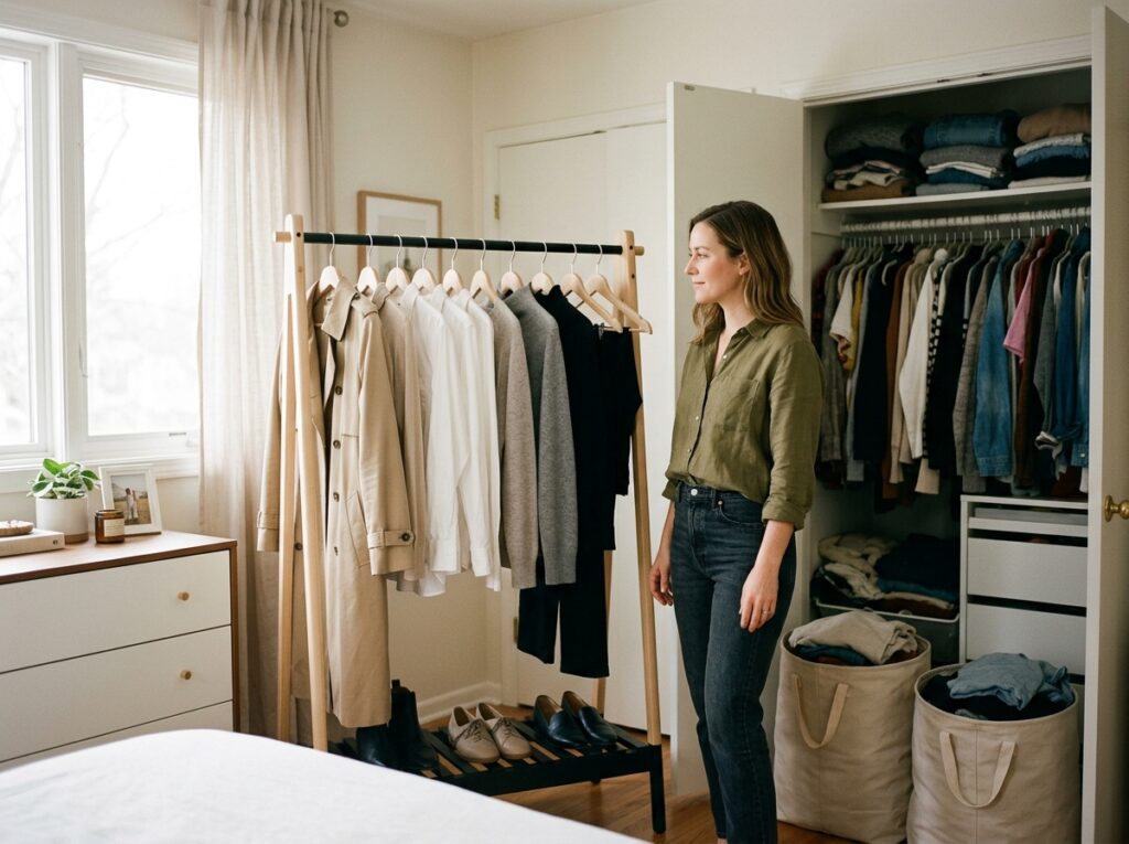 Minimalist street style outfit featuring black trousers, crop top, and layered jewelry