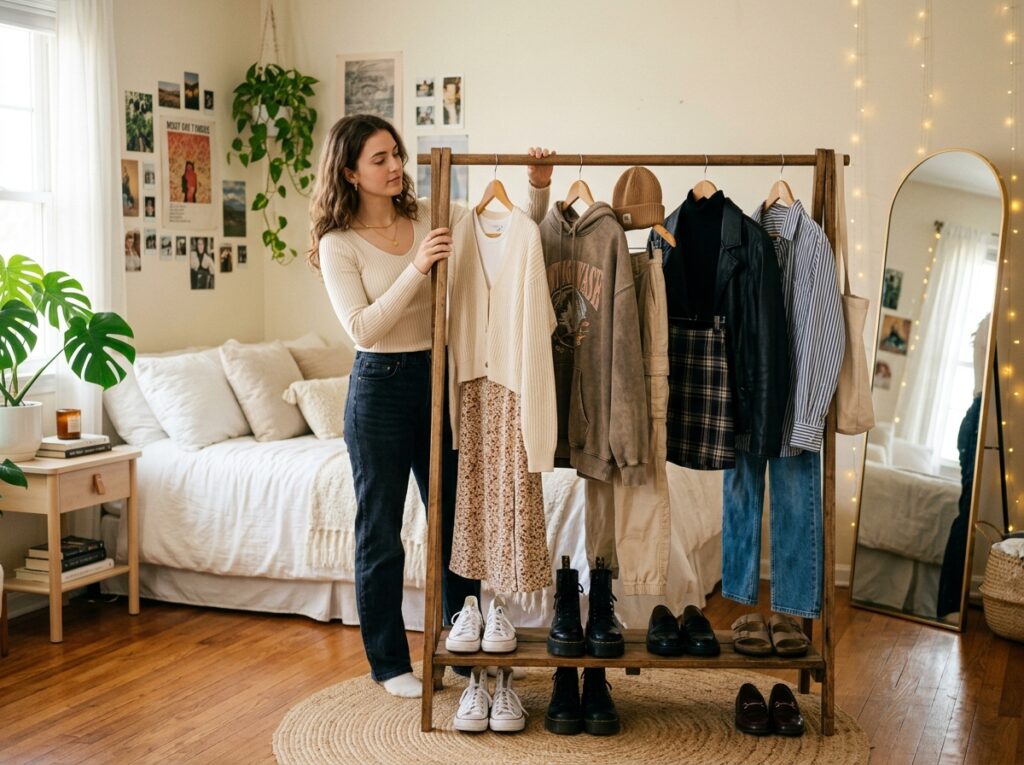 Clean girl aesthetic outfit ideas with linen pants and gold accessories